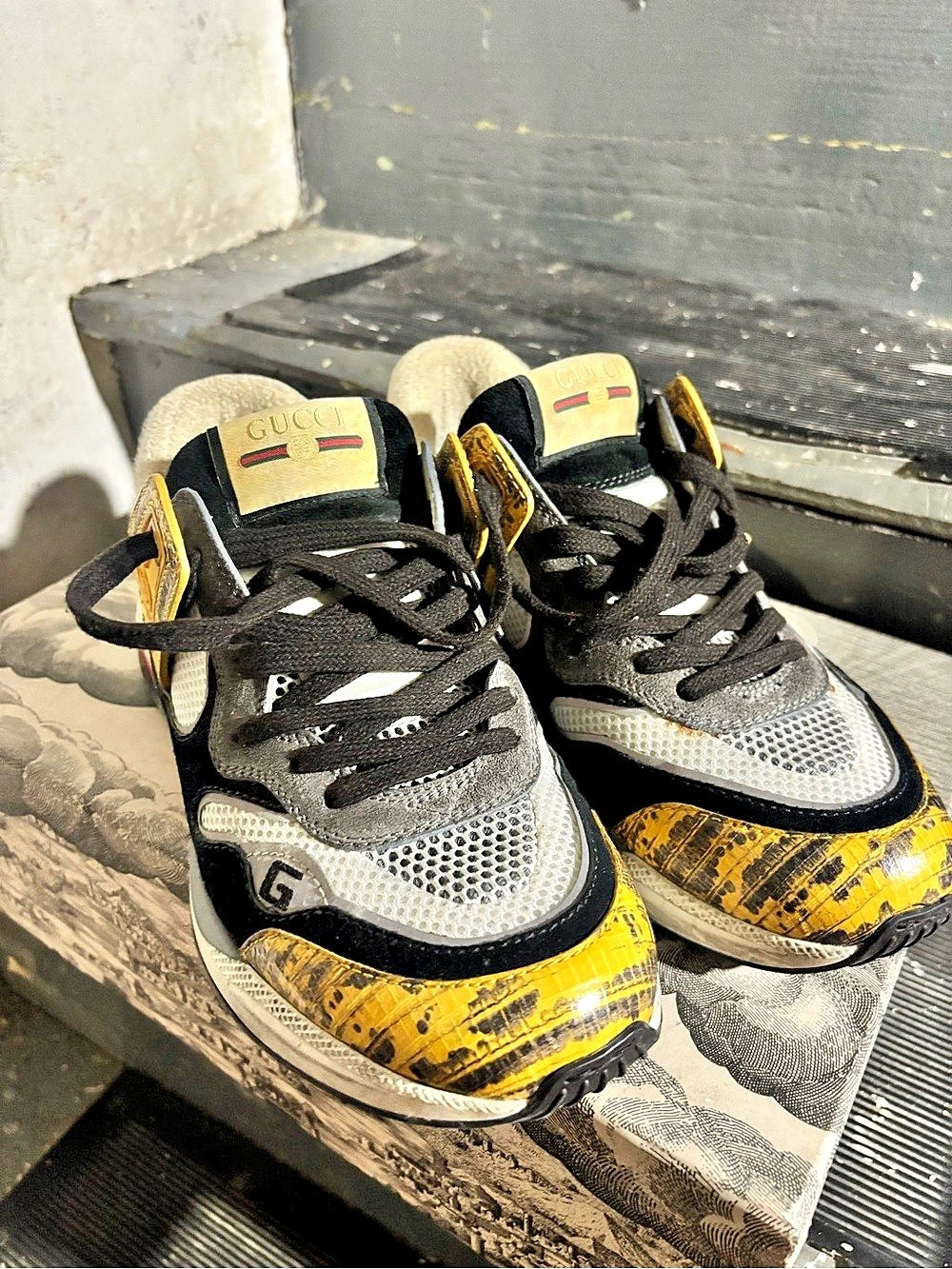 Gucci GG Rhyton Sneaker (Beige White Yellow) Black & Yellow Sneakers